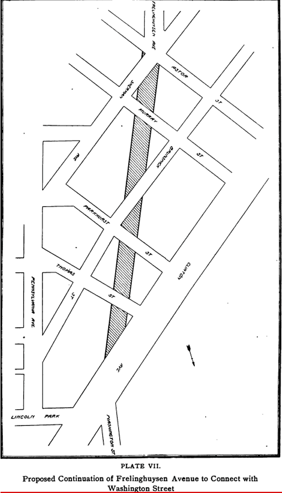 Frelinghuysen Avenue proposed extension to Washington Street
From "City Planning for Newark" 1913
