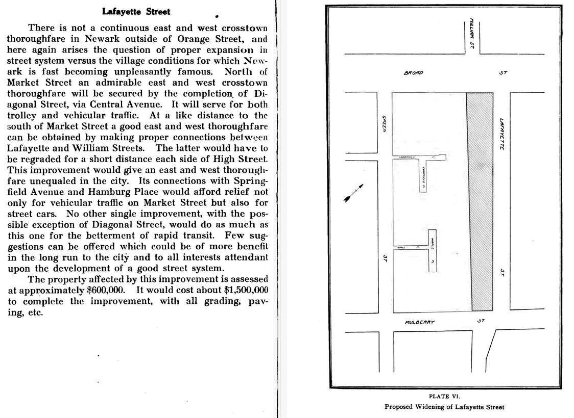 Lafayette Street proposed widening between Broad & Mulberry Streets
From "City Planning for Newark" 1913
