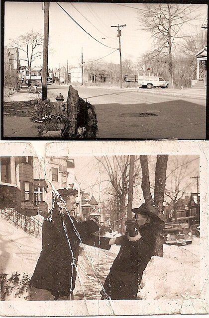 39 Milford Avenue
1947-1984

The bottom photo was taken right after the blizzard of December 1947. It is in front of Allen Berlin's home, 39 Milford. (Allen was principal o fLivingston High 1979-1986.) The top photo was taken at same spot February 1984. The telephone pole remains, the tree is gone as are most of the houses.

Paul J Kiell

