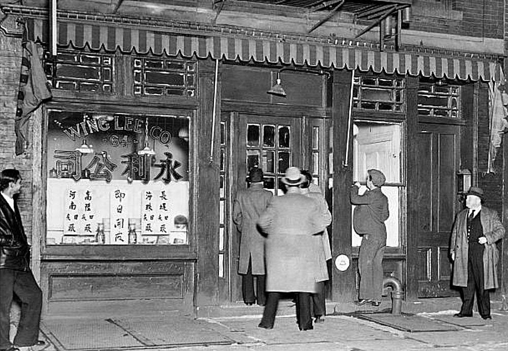 64 Mulberry Street
FEBRUARY 28 1932: America's Chinese man of mystery, the almost legendary Mock Duck, national president of the Hip Sing Tong and reputedly the wealthiest of his race in this country, was the target of an assassin in Newark. The Dr. Fu Manchu of real life was shot down as he stepped from his eastern headquarters at 64 Mulberry St., Newark. shortly after 7:30 P.M. The bullet, fired almost pointblank, entered his neck and emerged through his right cheek. Treated at Newark City Hospital, the man whose slightest word is law in the gambling dens of Chinatowns from the Atlantic to the Pacific deserted his habitual Oriental calm and named his assailant as a young hatchet man known as Eng Pong Quong, 

Photo by Walter Kelleher/NY Daily News
