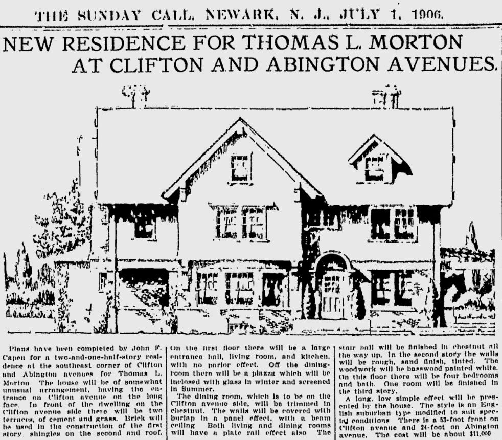 491 Clifton Avenue corner Abington Avenue
New Residence for Thomas L. Morton at Clifton & Abington Avenues
