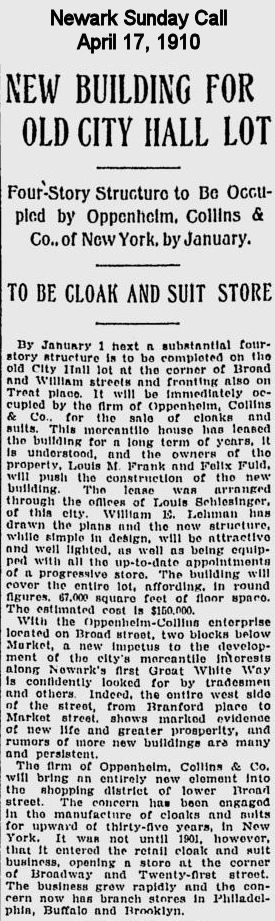Broad & William Streets
New Building for Old City Hall Lot
1910
