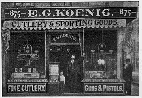 875 Broad Street
This is a photo of my great grandfather E G Koenig, and his son, Albert S. Koenig. The E G Koenig Sporting Goods store was founded 1872 and lasted until 1925. The corner was the site of the parsonage for the Old First Church and was the birth site of Aaron Burr, third president of the United States. A book about the history of this store and its owners is to be released in the coming months. Watch for it! The building still stands and is one that deserves preservation by the City of Newark.

Photo from Spor
