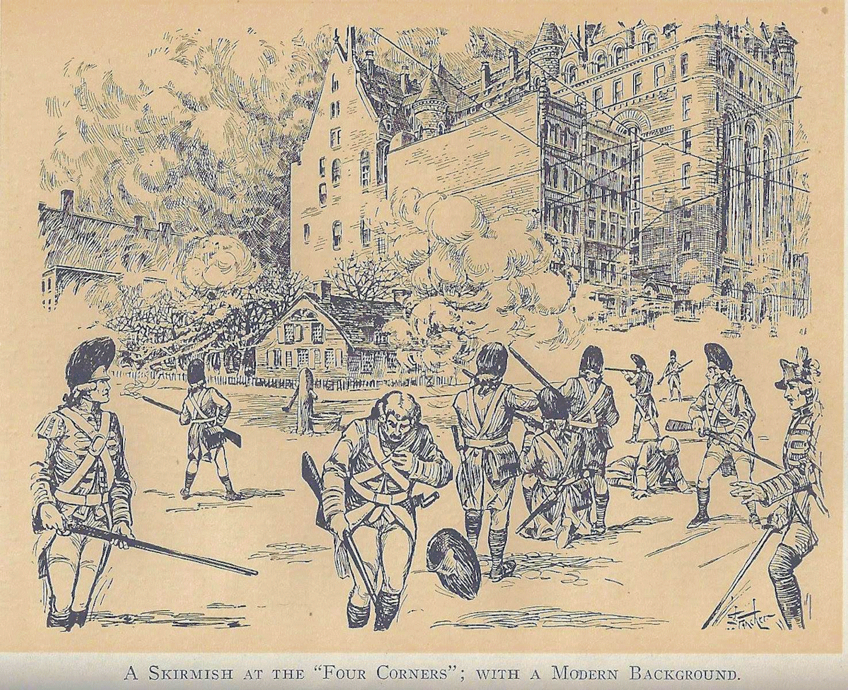 1776
A drawing of a Revolutionary War skirmish at the northwest corner of Broad & Market juxtapositioned with the old Prudential Building.
