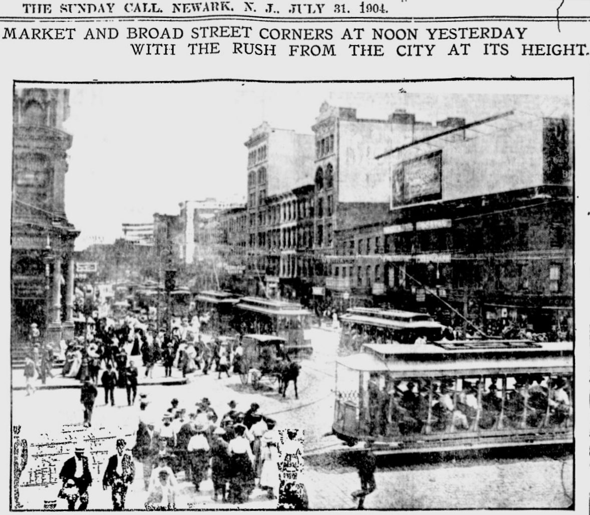 Market & Broad Street Corners at Noon Yesterday with the Rush from the City at Its Height.
July 31, 1904
