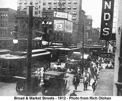 1912
Traffic congestion at the Four Corners, downtown Newark, New Jersey, c. 1912. The Broad and Market Street intersection became notorious for its daily crush of trolleys and horse-drawn wagons. 
