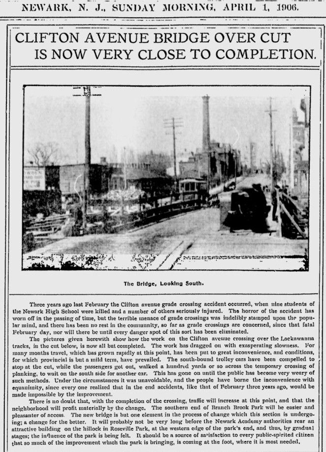 Clifton Avenue at the Erie Lackawanna crossing
Clifton Avenue Bridge Over Cut is Now Very Close to Completion
April 1, 1906
