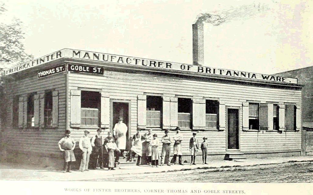 Corner of Thomas and Goble Streets
Frederick Finter, Manufacturer of Britania Ware
From "Essex County, NJ, Illustrated 1897":
