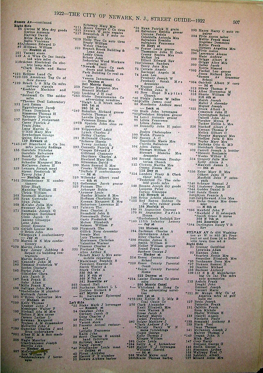 Sussex Avenue City Directory 1922
Click again for a larger photo
